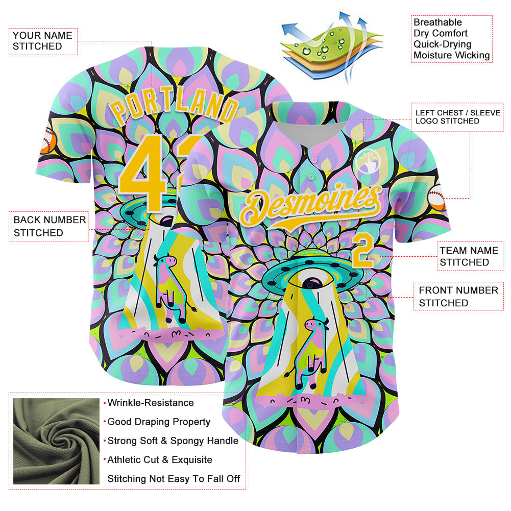 Custom Purple Yellow-White 3D Pattern Design Trippy Magic Mushrooms Alien Authentic Baseball Jersey
