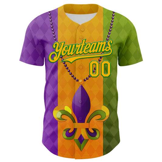 Custom Purple Gold-Grass Green 3D Pattern Design Mardi Gras Shrove Tuesday Authentic Baseball Jersey