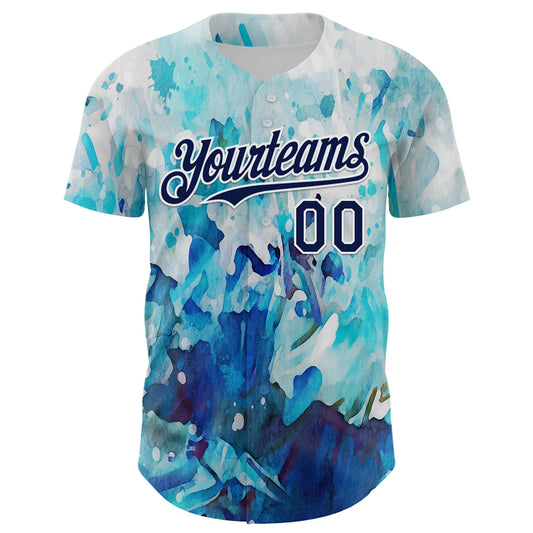 Custom White Navy 3D Pattern Design Burner Costumes Watercolor Paint Authentic Baseball Jersey