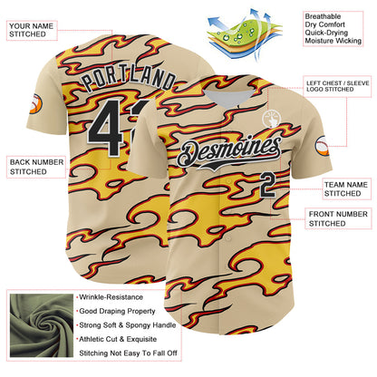 Custom City Cream Black-White 3D Pattern Design Rave Party Flame Authentic Baseball Jersey