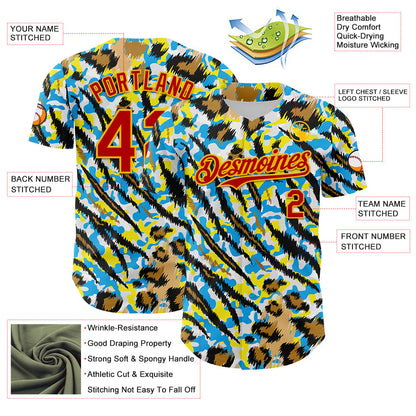 Custom White Red-Gold 3D Pattern Design Rave Party Animal Tiger And Leopard Print Authentic Baseball Jersey