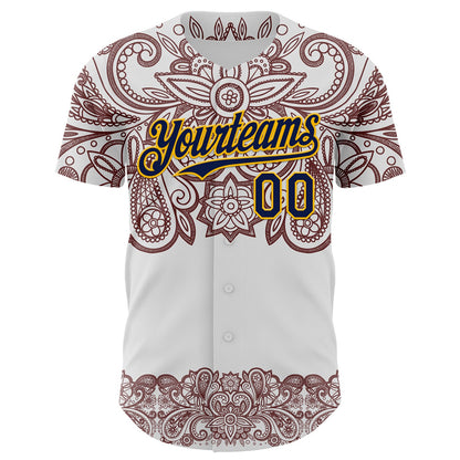 Custom White Navy Red-Yellow 3D Pattern Design Burner Costumes Paisley Bandana Authentic Baseball Jersey