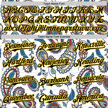Custom White Black-Yellow 3D Pattern Design Burner Costumes Paisley Bandana Authentic Baseball Jersey