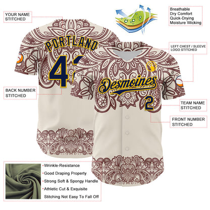 Custom Cream Navy Red-Yellow 3D Pattern Design Burner Costumes Paisley Bandana Authentic Baseball Jersey
