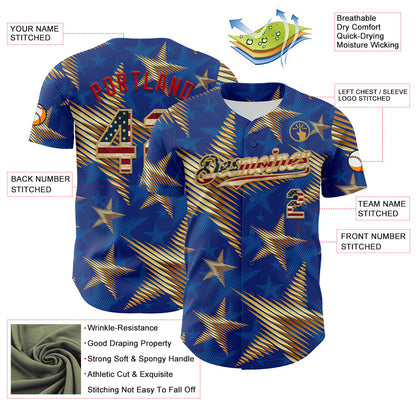 Custom Royal Vintage USA Flag Old Gold-Red 3D American Flag America-Inspired Stars Authentic Baseball Jersey