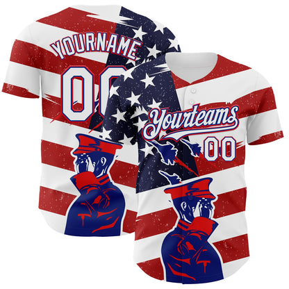 Custom White Royal-Fire Red 3D Retro American Flag Salute Authentic Baseball Jersey
