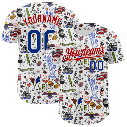 Custom White Royal-Red 3D American Flag Independence Day National Symbols Authentic Baseball Jersey