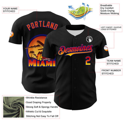 Custom Black Orange-Dark Purple 3D Pattern Design Gradient Miami Cityscape Sunset Authentic Baseball Jersey