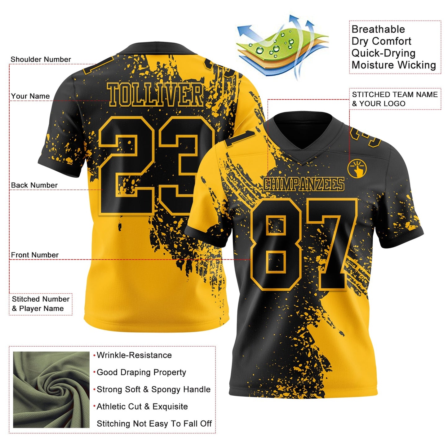 Custom Black Gold 3D Pattern Abstract Brush Stroke Mesh Authentic Football Jersey