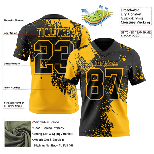 Custom Black Gold 3D Pattern Abstract Brush Stroke Mesh Authentic Football Jersey