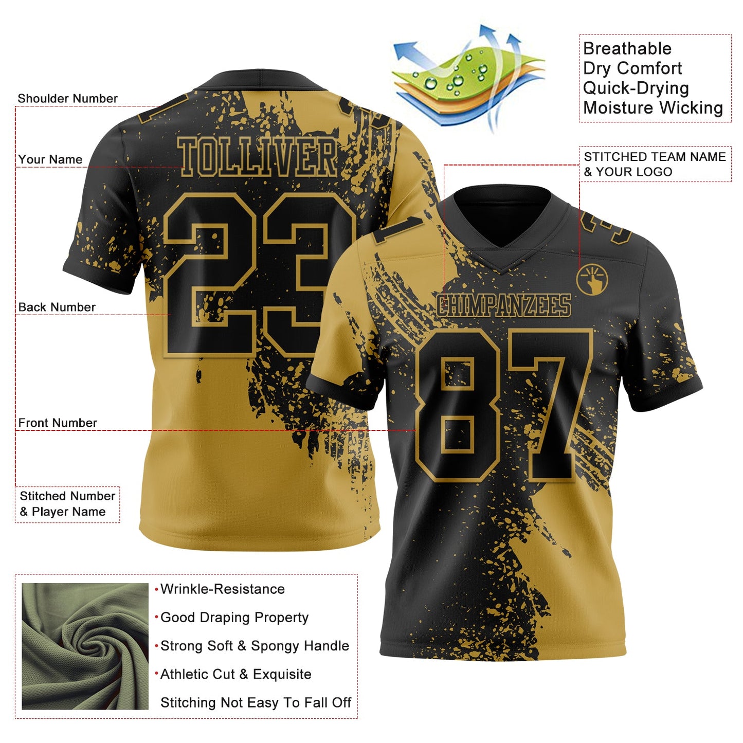 Custom Black Old Gold 3D Pattern Abstract Brush Stroke Mesh Authentic Football Jersey