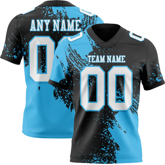 Custom Black White-Sky Blue 3D Pattern Abstract Brush Stroke Mesh Authentic Football Jersey