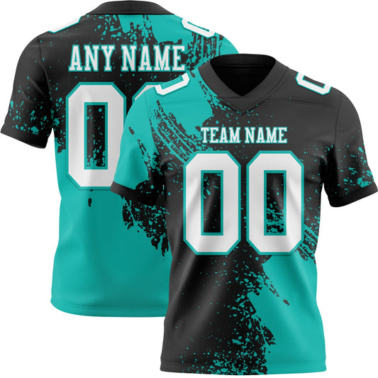 Custom Black White-Aqua 3D Pattern Abstract Brush Stroke Mesh Authentic Football Jersey
