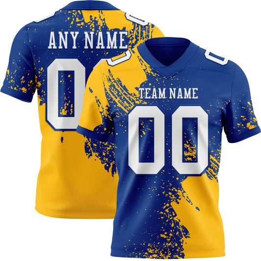 Custom Royal White-Gold 3D Pattern Abstract Brush Stroke Mesh Authentic Football Jersey