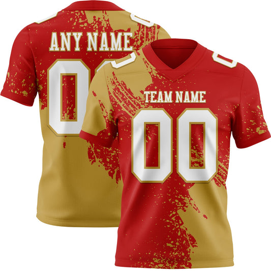 Custom Red White-Old Gold 3D Pattern Abstract Brush Stroke Mesh Authentic Football Jersey