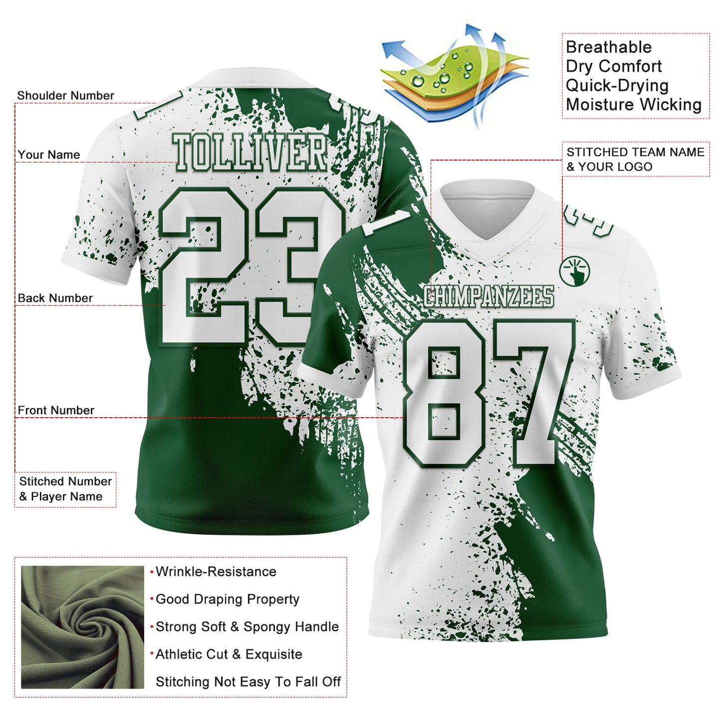 Custom White Green 3D Pattern Abstract Brush Stroke Mesh Authentic Football Jersey