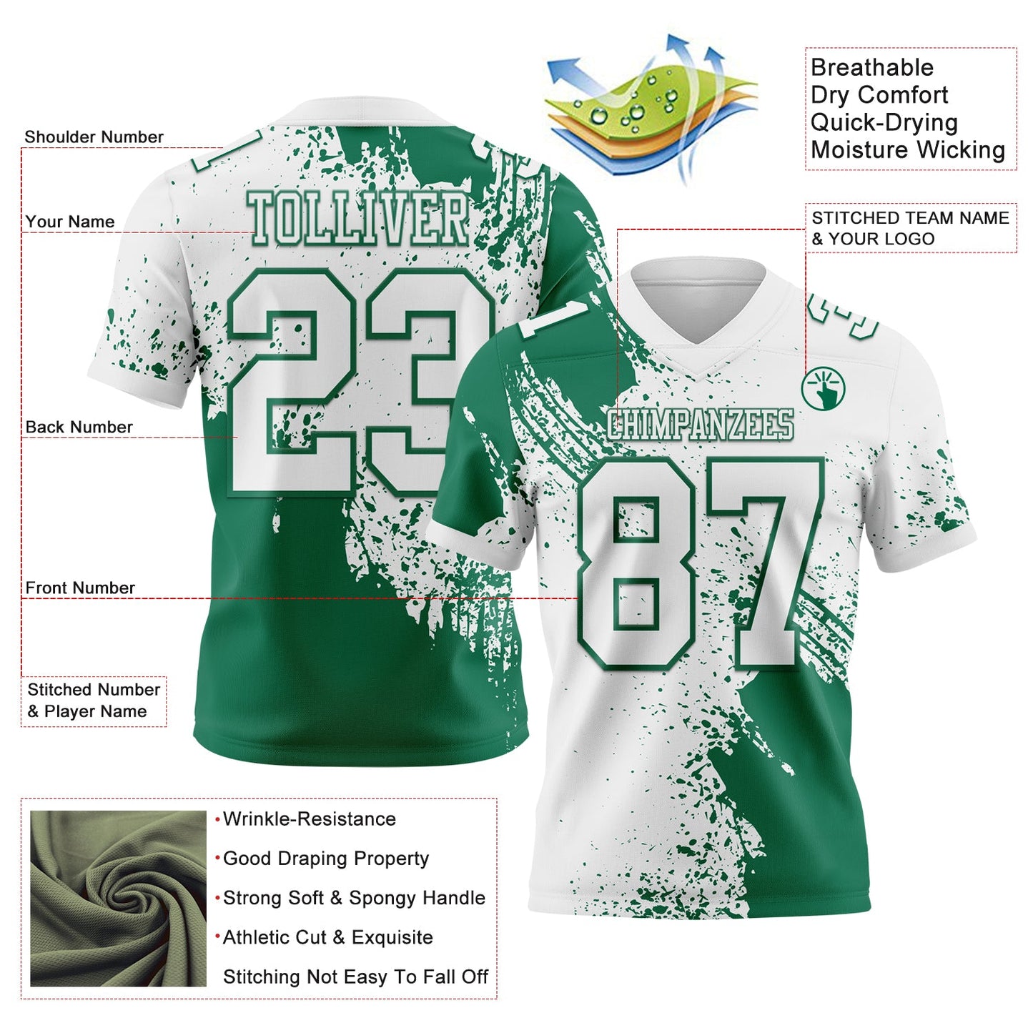 Custom White Kelly Green 3D Pattern Abstract Brush Stroke Mesh Authentic Football Jersey