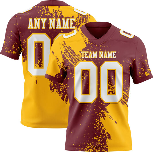 Custom Burgundy White-Gold 3D Pattern Abstract Brush Stroke Mesh Authentic Football Jersey