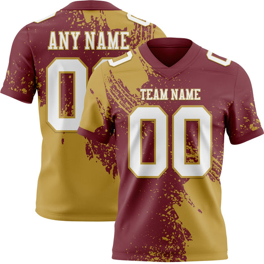 Custom Burgundy White-Old Gold 3D Pattern Abstract Brush Stroke Mesh Authentic Football Jersey