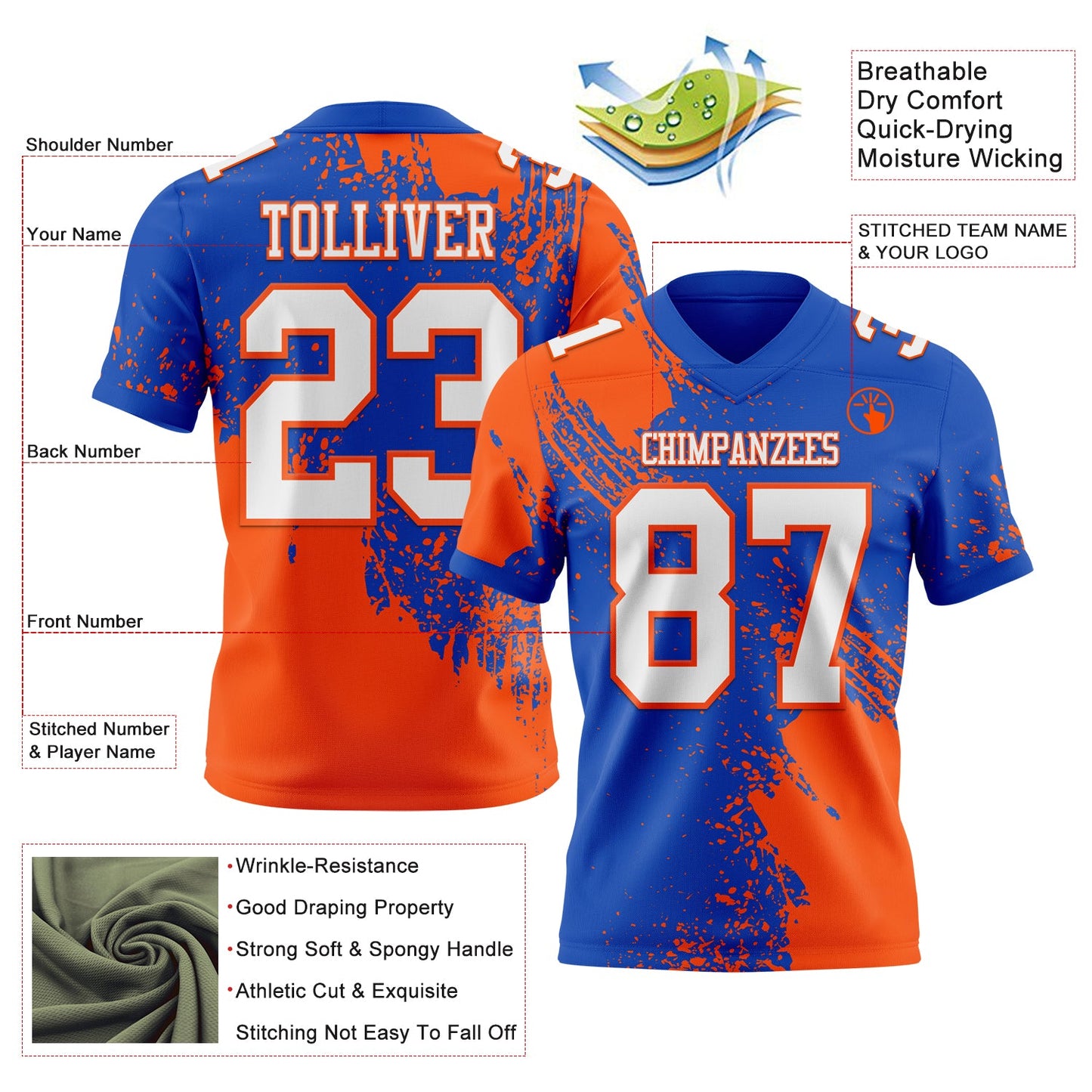 Custom Thunder Blue White-Orange 3D Pattern Abstract Brush Stroke Mesh Authentic Football Jersey