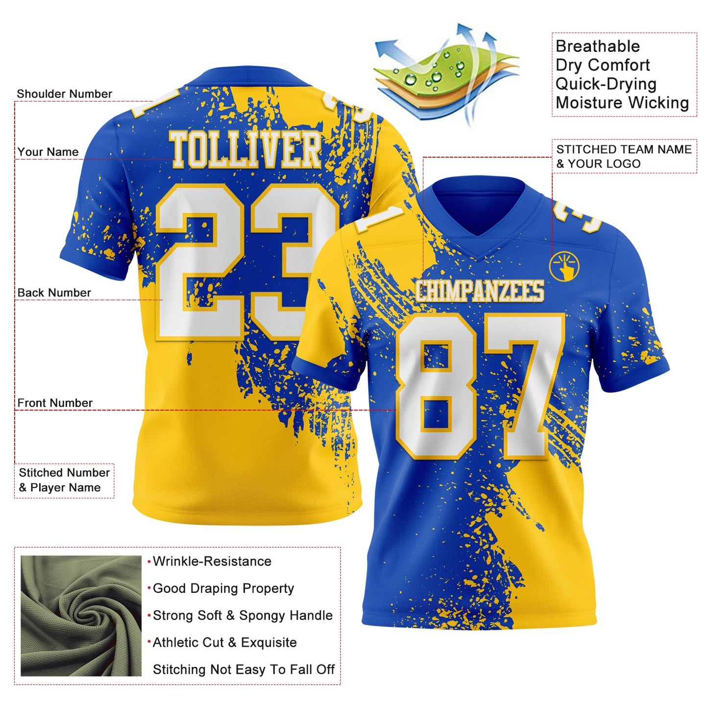 Custom Thunder Blue White-Yellow 3D Pattern Abstract Brush Stroke Mesh Authentic Football Jersey