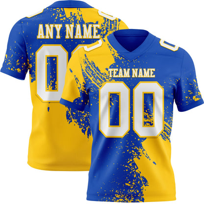 Custom Thunder Blue White-Yellow 3D Pattern Abstract Brush Stroke Mesh Authentic Football Jersey