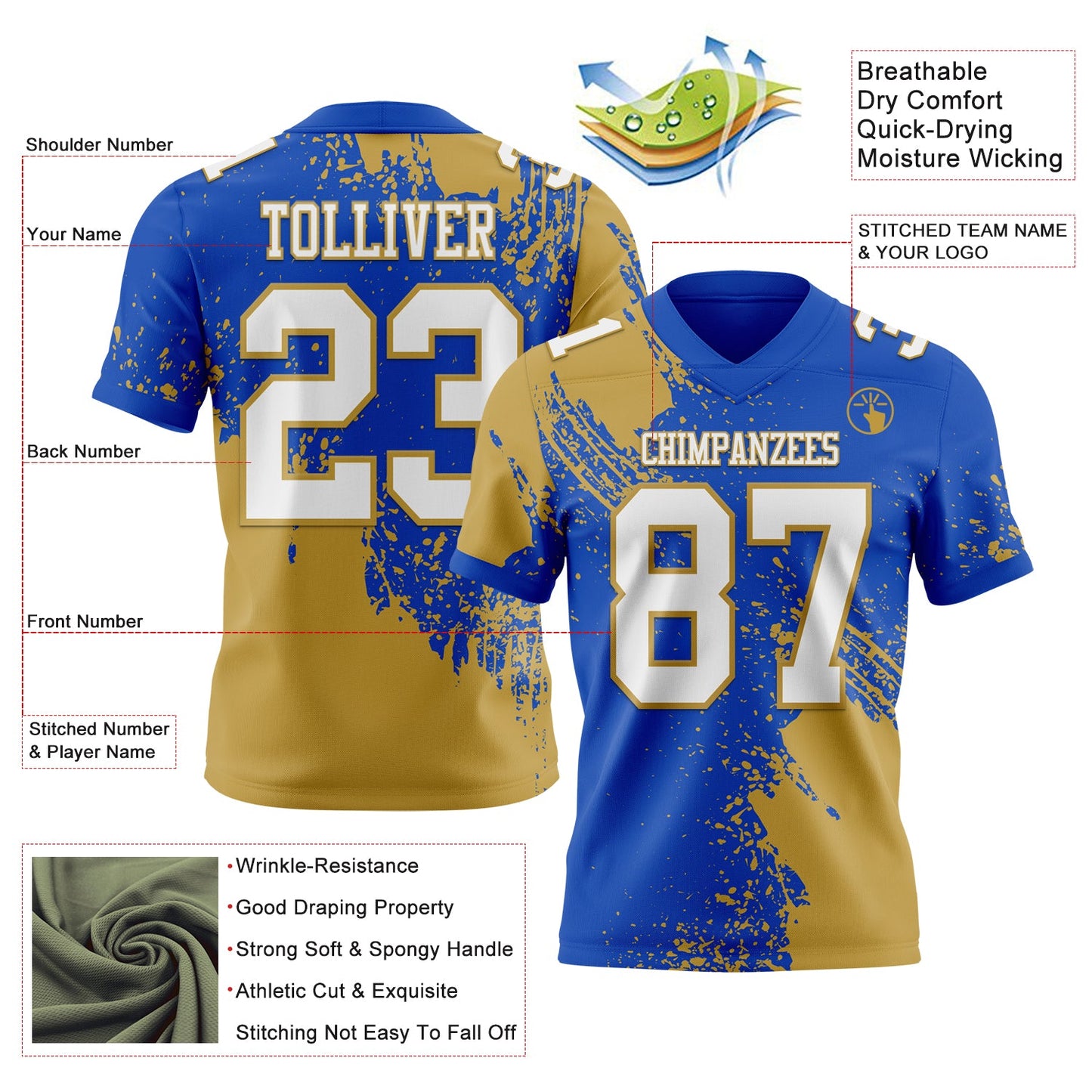 Custom Thunder Blue White-Old Gold 3D Pattern Abstract Brush Stroke Mesh Authentic Football Jersey