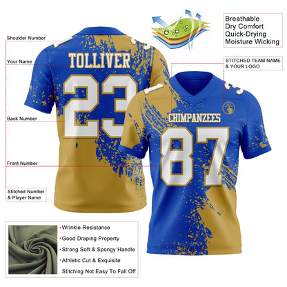 Custom Thunder Blue White-Old Gold 3D Pattern Abstract Brush Stroke Mesh Authentic Football Jersey