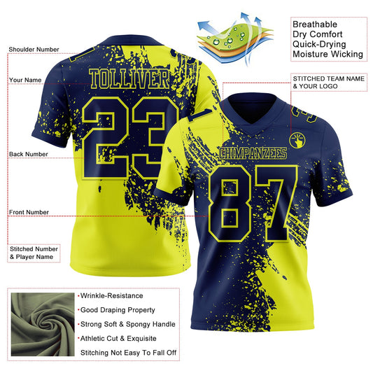 Custom Navy Neon Yellow 3D Pattern Abstract Brush Stroke Mesh Authentic Football Jersey