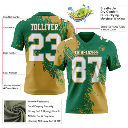 Custom Kelly Green White-Old Gold 3D Pattern Abstract Brush Stroke Mesh Authentic Football Jersey
