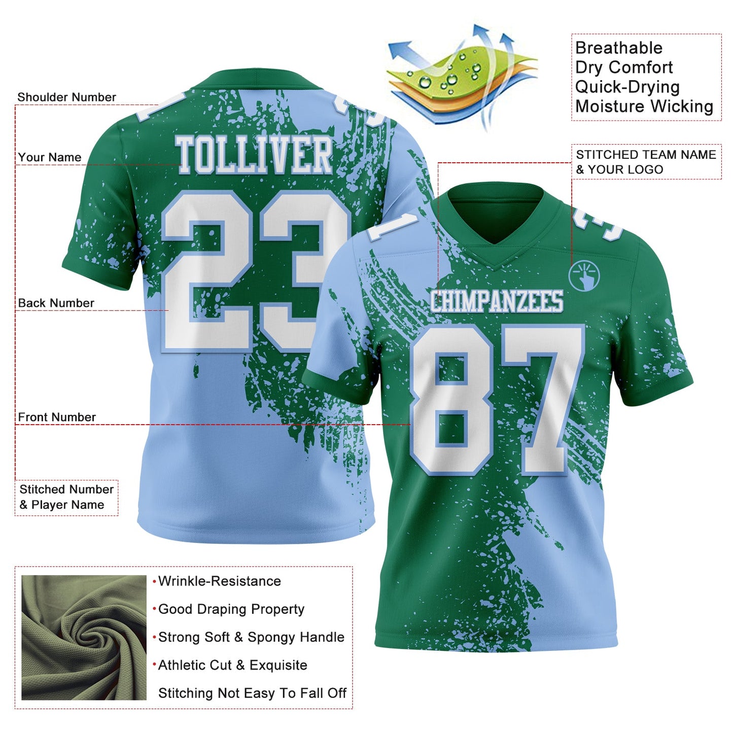 Custom Kelly Green White-Light Blue 3D Pattern Abstract Brush Stroke Mesh Authentic Football Jersey