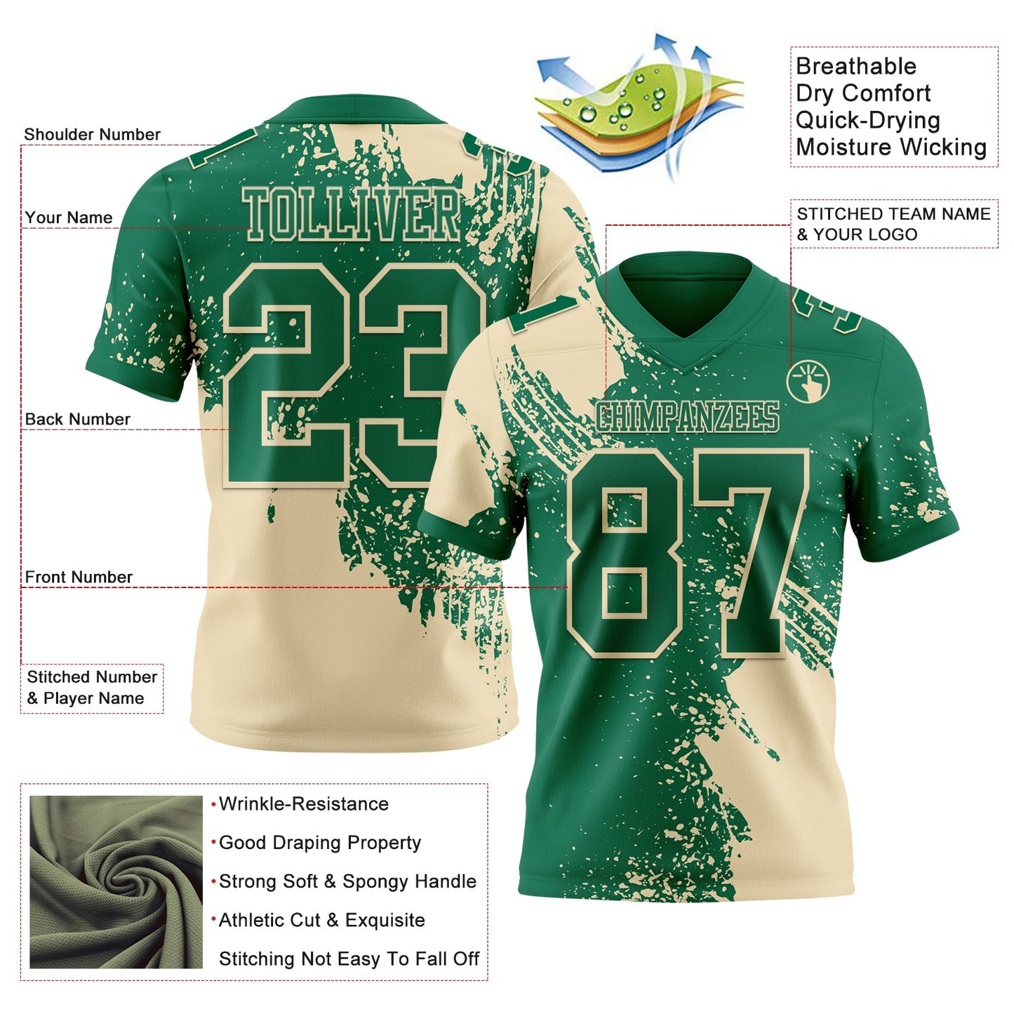 Custom Kelly Green Cream 3D Pattern Abstract Brush Stroke Mesh Authentic Football Jersey