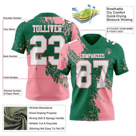 Custom Kelly Green White-Medium Pink 3D Pattern Abstract Brush Stroke Mesh Authentic Football Jersey