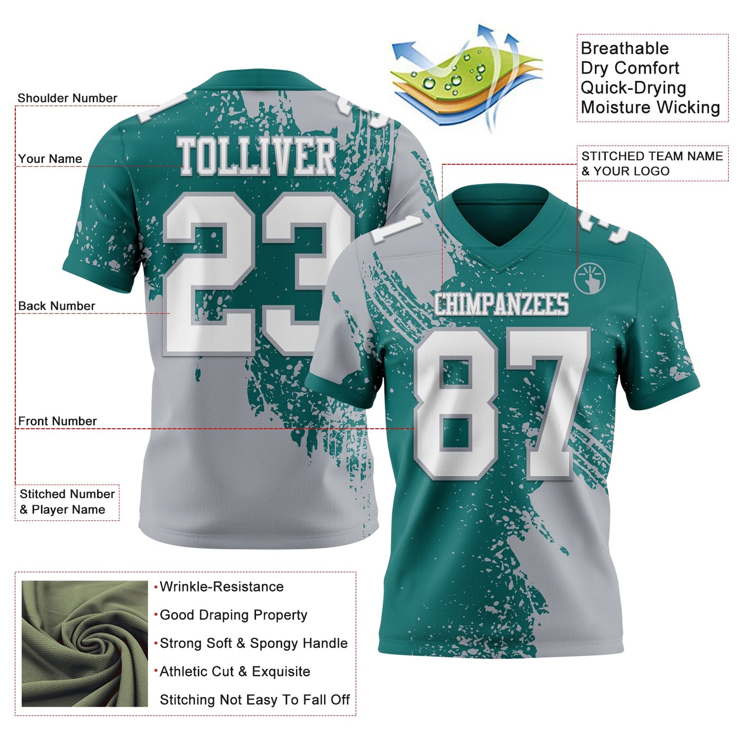 Custom Teal White-Gray 3D Pattern Abstract Brush Stroke Mesh Authentic Football Jersey