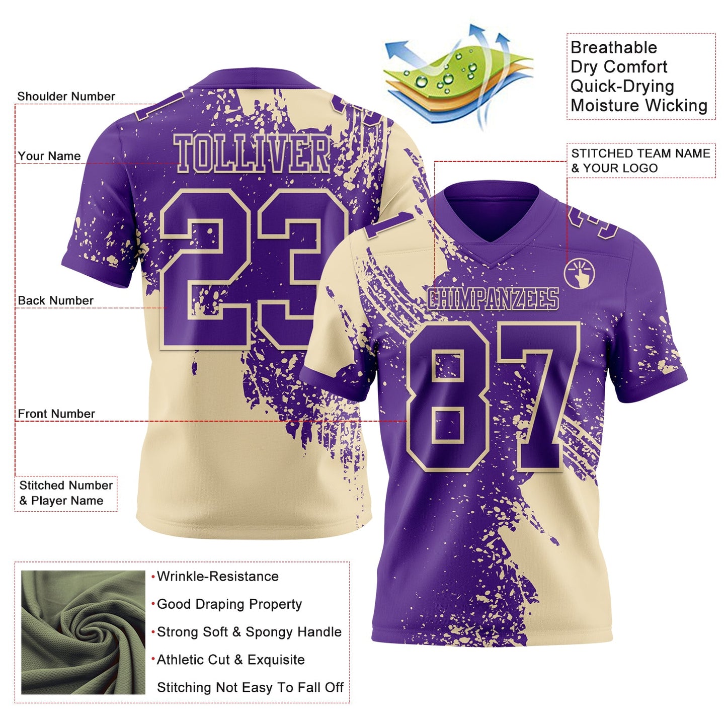 Custom Purple Cream 3D Pattern Abstract Brush Stroke Mesh Authentic Football Jersey