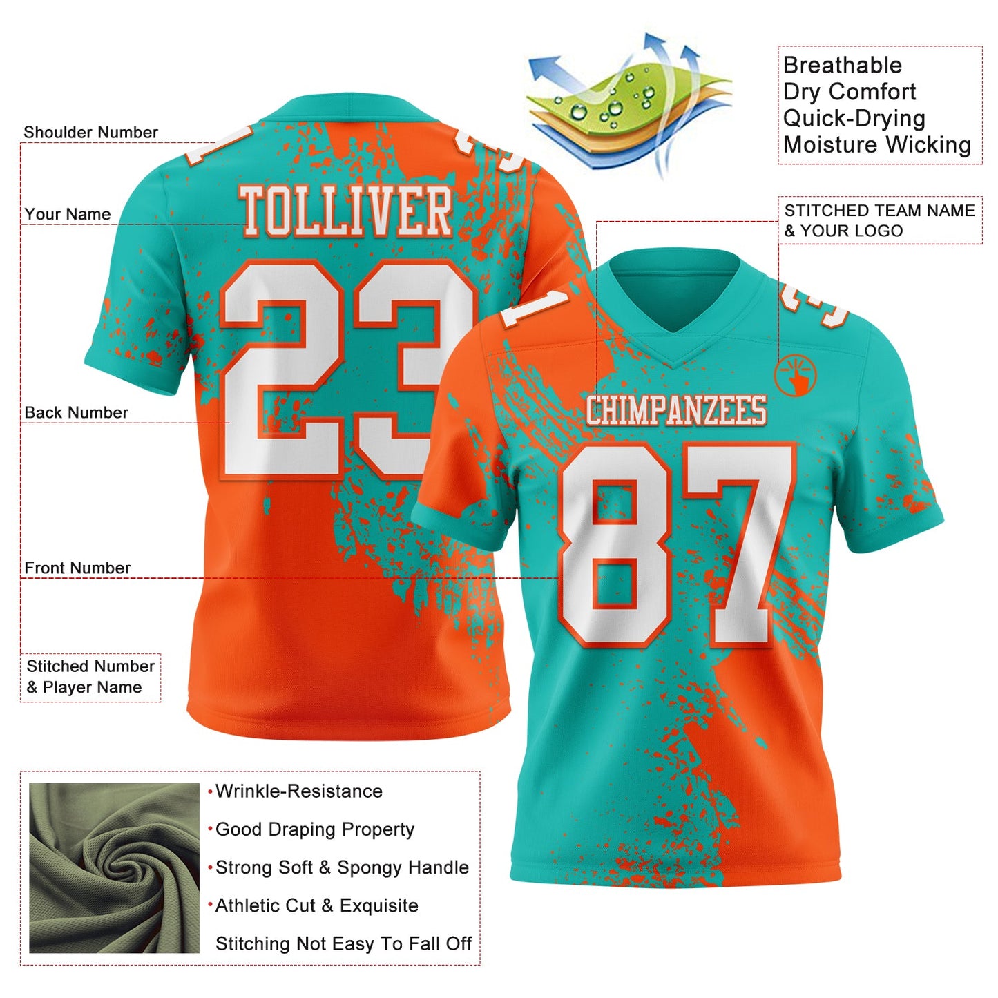 Custom Aqua White-Orange 3D Pattern Abstract Brush Stroke Mesh Authentic Football Jersey