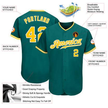 Custom Teal Gold-White Authentic Baseball Jersey