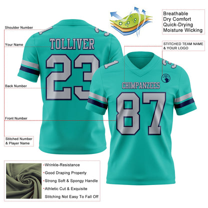 Custom Aqua Gray-Navy Mesh Authentic Football Jersey
