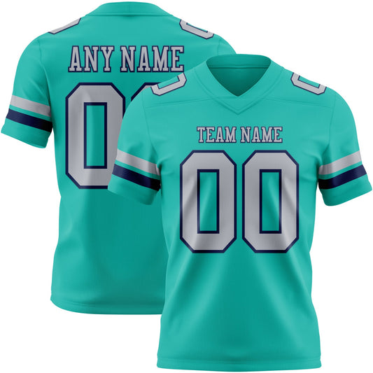 Custom Aqua Gray-Navy Mesh Authentic Football Jersey