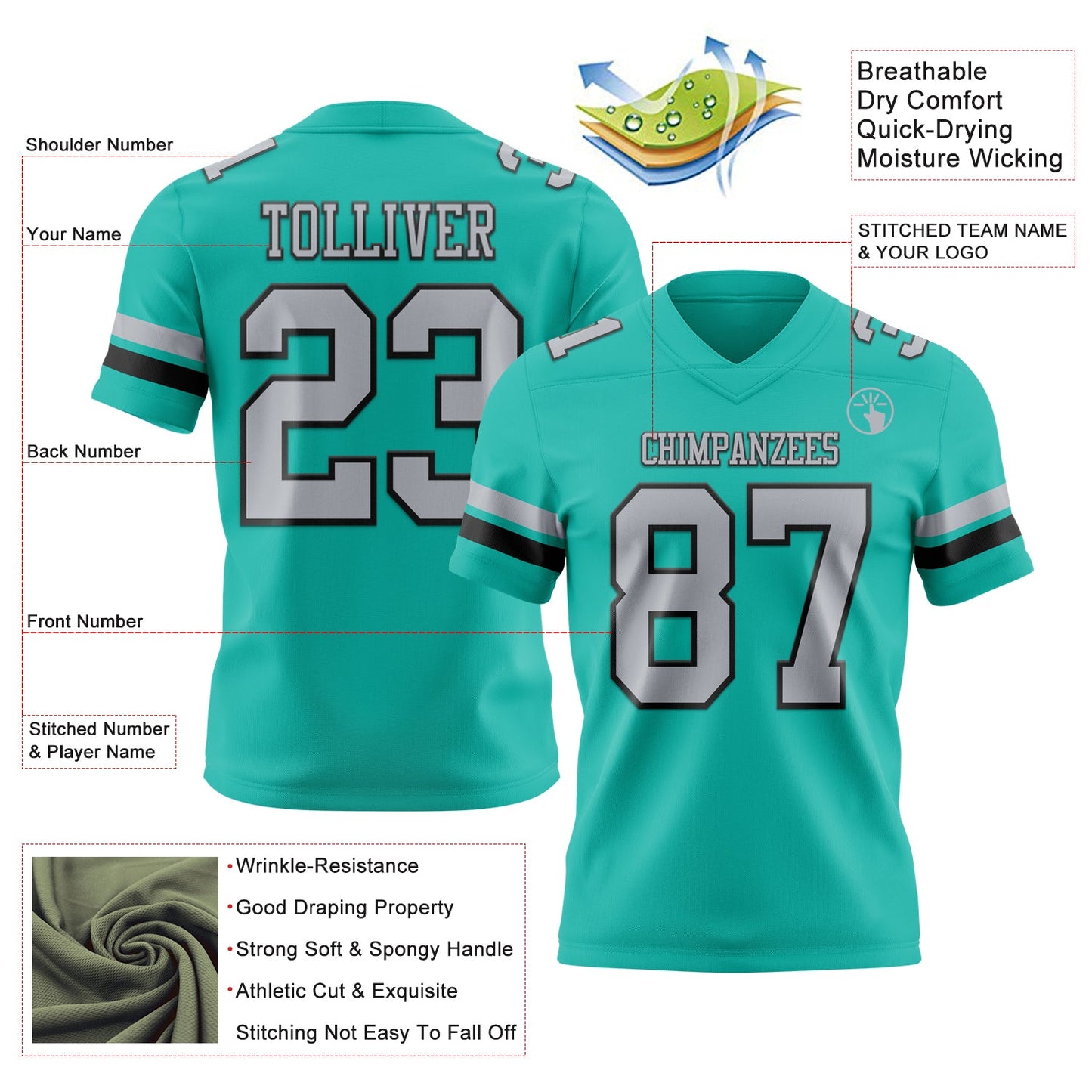 Custom Aqua Gray-Black Mesh Authentic Football Jersey