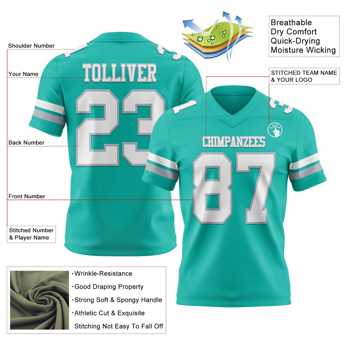 Custom Aqua White-Gray Mesh Authentic Football Jersey