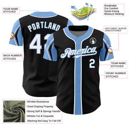 Custom Black White-Light Blue 3 Colors Arm Shapes Authentic Baseball Jersey