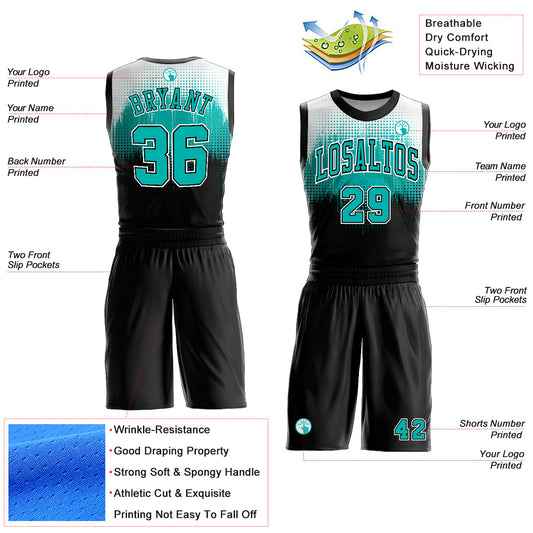Custom Black Aqua-White Round Neck Sublimation Basketball Suit Jersey