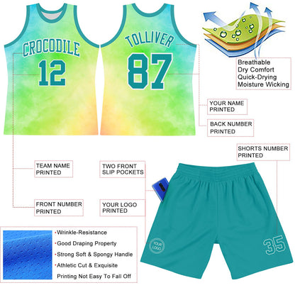 Custom Tie Dye Teal-White Round Neck Sublimation Basketball Suit Jersey