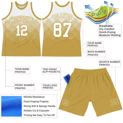 Custom White Old Gold Gradient Square Shapes Round Neck Sublimation Basketball Suit Jersey