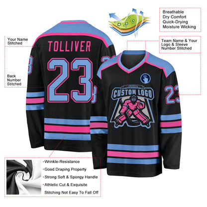 Custom Black Light Blue-Pink Hockey Jersey