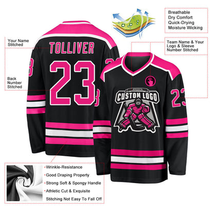 Custom Black Hot Pink-White Hockey Jersey