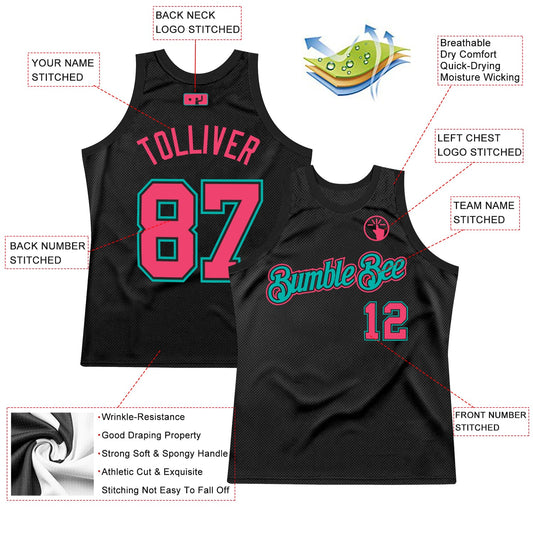 Custom Black Neon Pink-Aqua Authentic Throwback Basketball Jersey