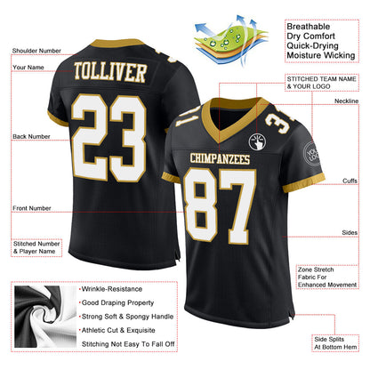 Custom Black White-Old Gold Mesh Authentic Football Jersey