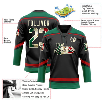 Custom Black Vintage Mexican Flag Cream Kelly Green-Red Hockey Lace Neck Jersey